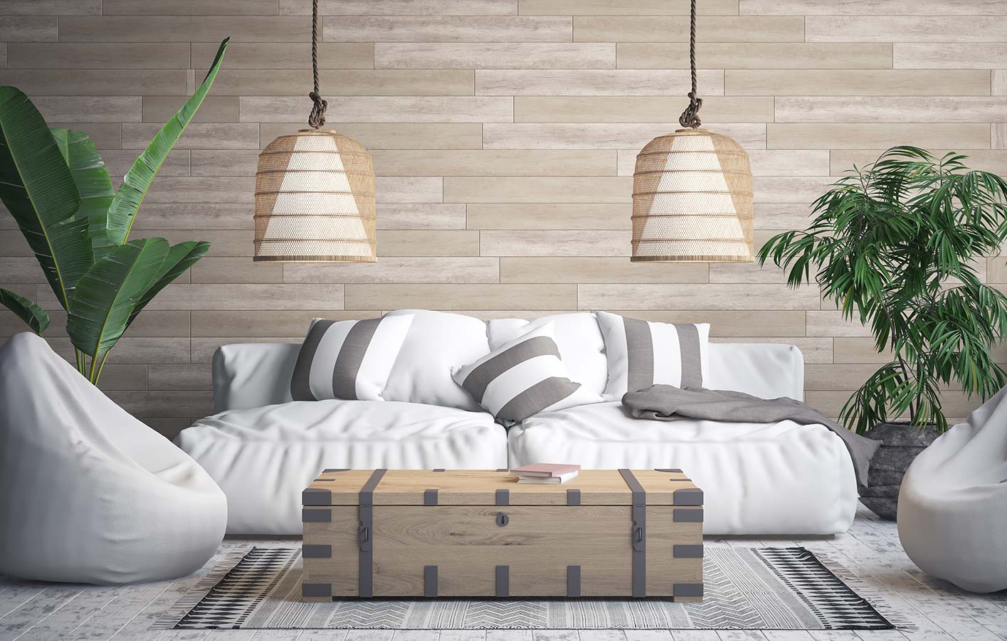 Stilvolles Wohnzimmer mit Holzpaneelen an der Wand Modernes Wohnzimmer mit Holzpaneelen an der Wand und einer gemütlichen Sitzecke