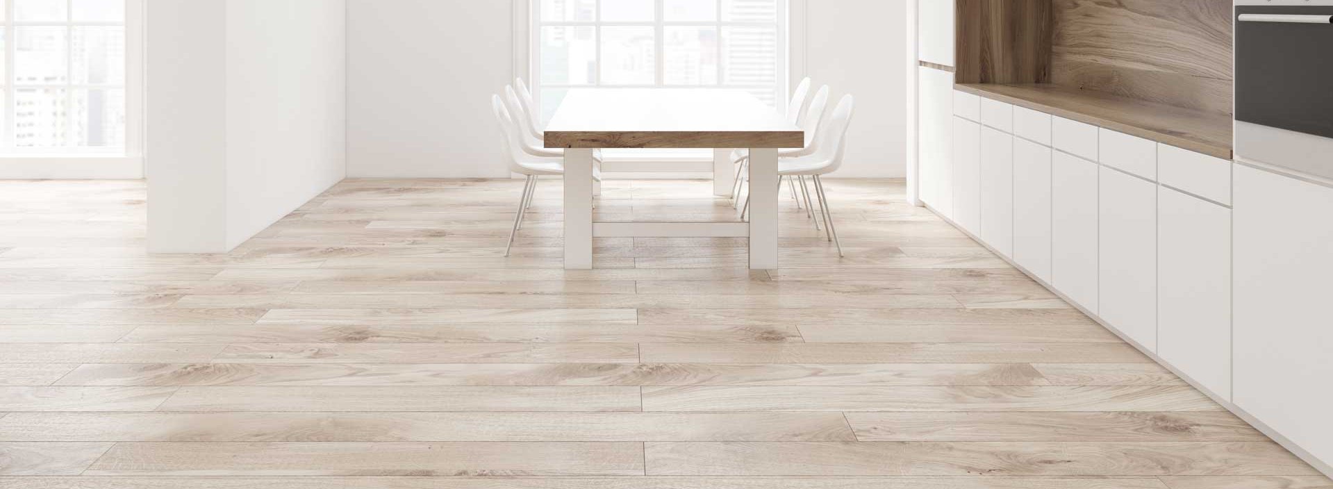 Laminat passt auch zum minimalistischen Stil - so wandelbar Helle offene Küche mit Laminatboden